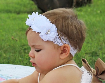 White Chiffon & Lace Flower Headband for Baby Girl - Wedding Flower Girl Hair Accessory - White Baby Girl Headband