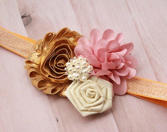 The Golden Blush Baby Girl Headband - Pink, Gold, & Ivory Girls Special Occasion Hair Bow - Pink and Gold Headbands
