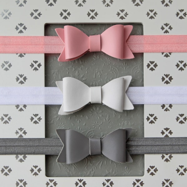 Faux Leather Baby Girl Bow Headbands - Adorably Chic Hair Bows in Baby Pink, White, and Gray for Infants, Girls, Women