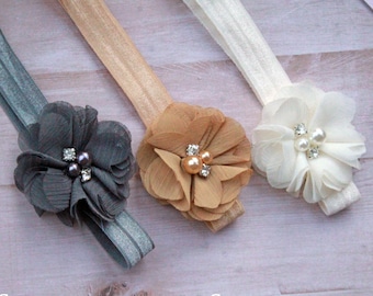 Autumn Neutrals Baby Girl Headbands - Petite Newborn Hair Bow Gift Set in Natural Color Palette