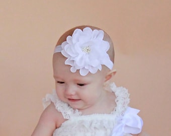 White Newborn Flower Headband - Pure White Flower Blossom Baby Girl Hair Bow