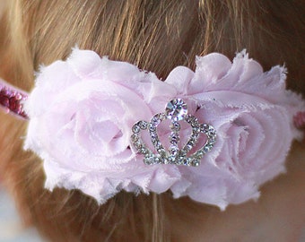 Baby Princess - Girl's Pink Shabby Flower Princess Headband - Light Pink Princess Crown Jewel Bow - Princess Birthday Headband