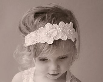 Vintage Style White Scalloped Lace Flower Headband - White Wedding Headband - Baby Girl White Headbands