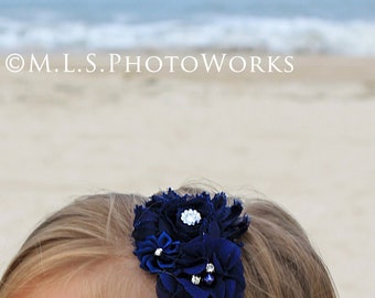 Pure Navy Blue Flower Headband for Babies, Toddlers, Girls - Navy Wedding Hair Bow