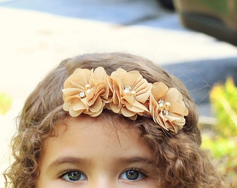 Autumn Bronze Girls Flower Headband - Autumn, Thanksgiving Baby Girl Headband in Light Brown
