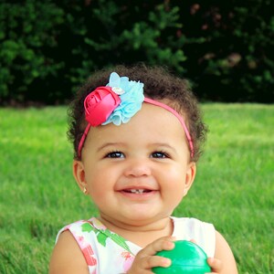 Hot Pink and Aqua Newborn Photo Headband - Baby Girl Dressy Rose Headband