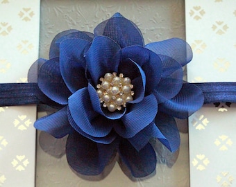Navy Pearl Flower Headband - Navy Blue Wedding Layered Chiffon Flower - Available on a Hair Clip