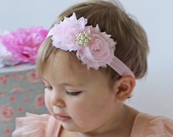 Light Pink Baby Headband - Shabby Chic Double Flower Headband in Powder Pink - Pink Headband for Baby or Toddler Girl