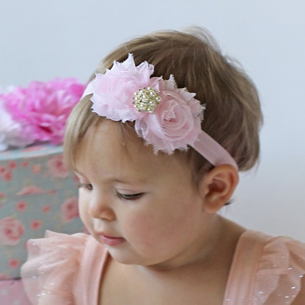 Light Pink Baby Headband - Shabby Chic Double Flower Headband in Powder Pink - Pink Headband for Baby or Toddler Girl