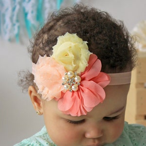 The Peach-Coral Lemonade Headband - Baby Girl Hair Bow in Light Yellow, Peach and Coral - Bright Baby Flower Headbands for Spring & Summer
