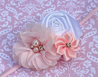 Serre-tête simple rose et blanc pour bébé - Noeud pour cheveux doux pour bébé fille pour nouveau-nés, tout-petits et filles