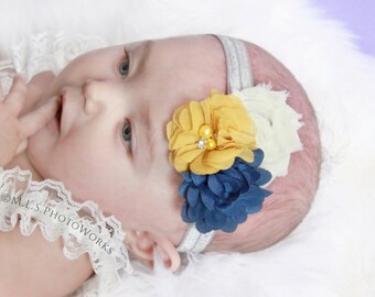 Ivory, Navy Blue & Mustard Yellow Flower Headband - Navy Blue Accented Baby Headbands