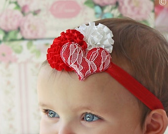 Valentine's Day Red & White Girl's Headband with Flowers and Lacy Heart