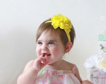 Bright Yellow Eyelet Flower Hair Bow - Baby Girl Headbands in Bright Colors