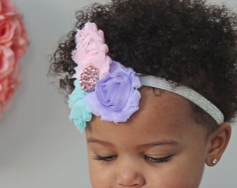 Unicorn Birthday Style Baby Girl Headband - Soft Pastel Pink, Aqua, and Lavender Hair Bow for Toddlers - Unicorn Birthday Headband