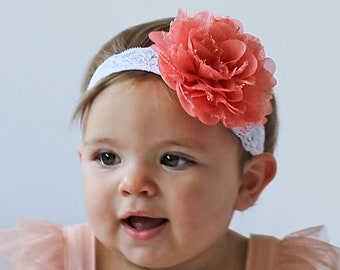 Pale Coral Vintage Lacey Rose Baby Headband - Baby Girl Plush Coral Lace Hair Bow