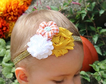 Golden Mustard Baby Girl Headband with White & Orange Gingham