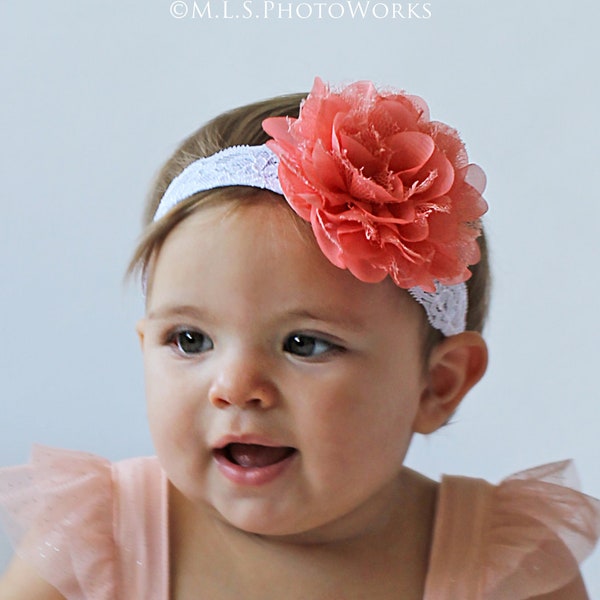 Pale Coral Vintage Lacey Rose Baby Headband - Baby Girl Plush Coral Lace Hair Bow