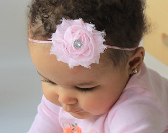 Single Shabby Chic Jewel Centered Flower Headband - Baby Girl Petite Shabby Hair Bow with Mini Rhinestone - Newborn Headband Photo Prop