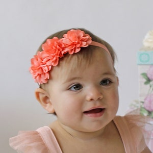 Silky Coral Triple Flower Headband - Baby Girl Soft Coral Orange Blossom Hair Bow