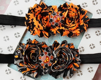 Twin Pack Halloween Headbands - Set of 2 Orange & Black Shabby Flower Hair Bows for Babies, Girls, and Women
