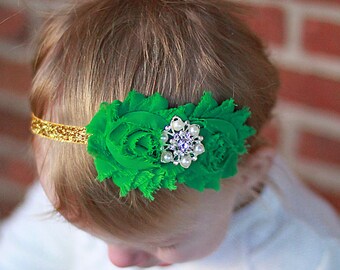 The Emerald Isle Headband - St. Patrick's Day Irish Luck Hair Bow - Little Girl's Green & Gold Flower Bow with Pearl Rhinestone Charm