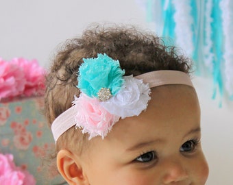 Pink, White & Mint Baby Girl Headband - Soft Flower Hair Bow for Babies, Toddlers, and Little Girls