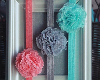3-Pack Lace Flower Headband Set in Coral Pink, Grey & Aqua - Newborn Gift Set