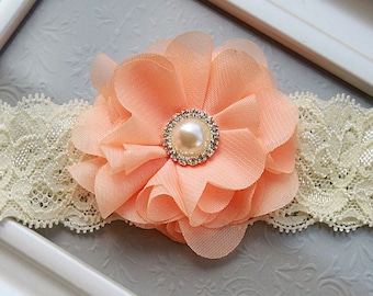 Bright Peach Chiffon Baby Girl Headband - Soft Hair Bow with Ivory Pearl & Lace - Peach Headbands for Babies