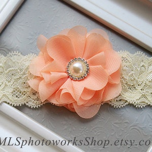 Bright Peach Chiffon Baby Girl Headband - Soft Hair Bow with Ivory Pearl & Lace - Peach Headbands for Babies