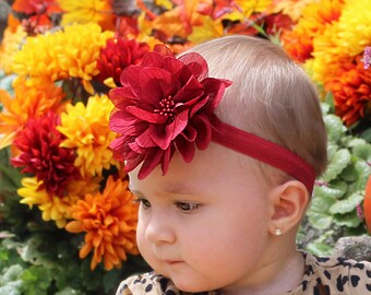 Cranberry Red Thanksgiving Baby Girl Headband - Lovely Deep Red Flower Hair Bow for Babies, Girls, and Women