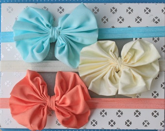 Jumbo Chiffon Bow Headband Set in Coral, Ivory, and Aqua-Mint - Soft Newborn Hair Bow Gift Set with 3 Colors