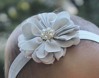 Sweet Silver Baby Girl Headband - Soft Girl's Hair Bow in Pale Light Gray