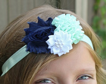 Cool and Crisp Navy Blue, Mint Green & White Headband - Baby Girl Flower Hair Bow in Navy and Mint - Baby Girl Headbands for Spring