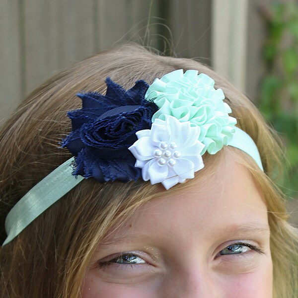 Cool and Crisp Navy Blue, Mint Green & White Headband - Baby Girl Flower Hair Bow in Navy and Mint - Baby Girl Headbands for Spring