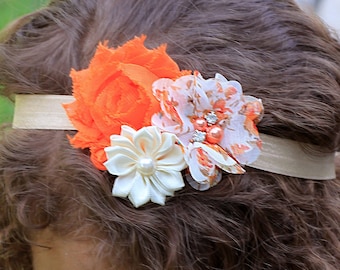 Orange Floral & Cream Baby Girl Headband - Girl's Autumn Hair Bow - Toddler Thanksgiving Headbands