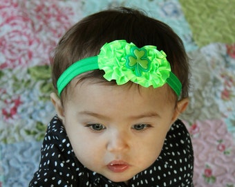 Neon Green Shamrock Headband - Baby Girl Bright Green Satin Flower Hair Bow for St. Patrick's Day - Girl's Irish Shamrock Bow