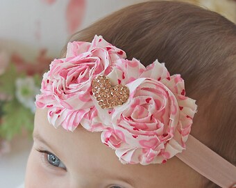 The Heartbeat Headband - Baby Girl Valentine's Day Pink & White Heart Headband - Shabby Chic Flower Heart Rhinestone Valentine's Hair Bow