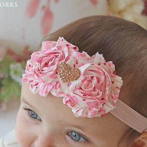 The Heartbeat Headband - Baby Girl Valentine's Day Pink & White Heart Headband - Shabby Chic Flower Heart Rhinestone Valentine's Hair Bow