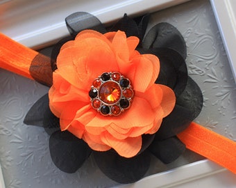 Halloween Black & Orange Flower Headband - Baby Girl Black Flower Blossom Headband with Bright Orange