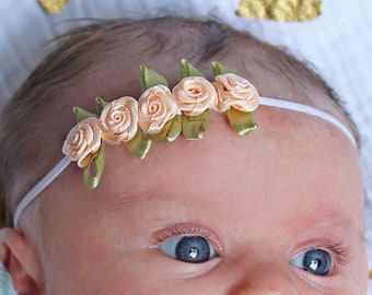 Tiny Princess Peach Baby Rose Headband - Delicate Newborn Headbands -  Little Peach Colored Bow for Newborns