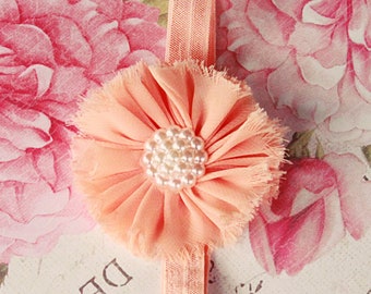 Simple Little Peachy Coral Baby Girl Headband - Soft Chiffon Hair Bow for Babies, Toddlers and Little Girls