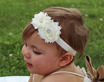 Soft & Simple Little Christening Headband - Baby Bapstimal Flower Hair Bow - Newborn Ivory Headband