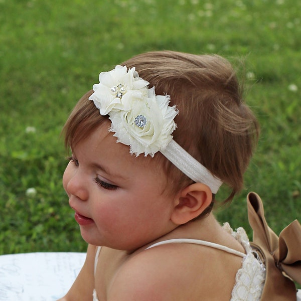 Soft & Simple Little Christening Headband - Baby Bapstimal Flower Hair Bow - Newborn Ivory Headband