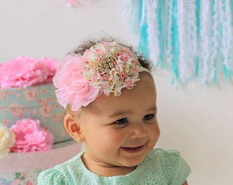Luxe Double Spring Floral Blossom Girl's Headband in Light Pink and Pale Ivory