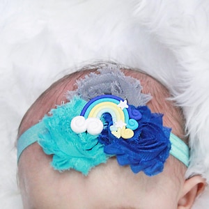 Stormy Rainbow Headband - Blue Rainbow Baby Girl Soft Shabby Hair Bow with Royal, Aqua and Gray