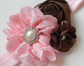 Sweet Chocolate Brown & Baby Pink Flower Headband- Newborn, Baby, Toddler Girls Bows