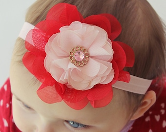 Red & Pink Blush Valentine Flower Headband - Baby Girl Valentine's Day Hair Bow - Large Red Flower Toddler Valentine's Headband