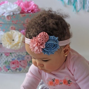 Blush Pink & Light Denim Baby Girl Headband Soft Spring Hair Bow in Blue Denim and Pale Pink for Babies, Toddlers, Girls image 1