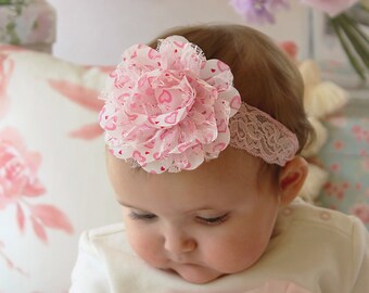 Pink Lace Heart Print Puff Headband - Baby Girl Valentine's Day Heart Bow
